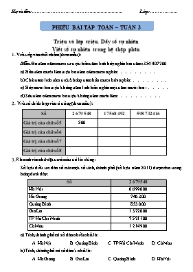 Phiếu bài tập ôn tập tuần 3 Toán lớp 4
